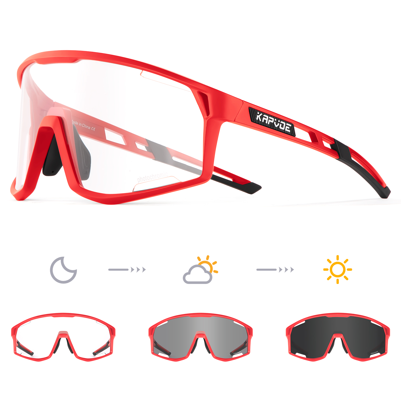 Prix de gros 9,00 $US Lunettes de sport photochromiques Kapvoe K180-PH
